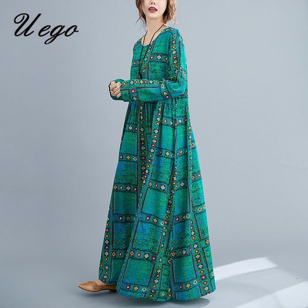 

uego 2021 spring women loose casual dress vintage style print plus size female sleeve autumn long lady dresses, Black;gray
