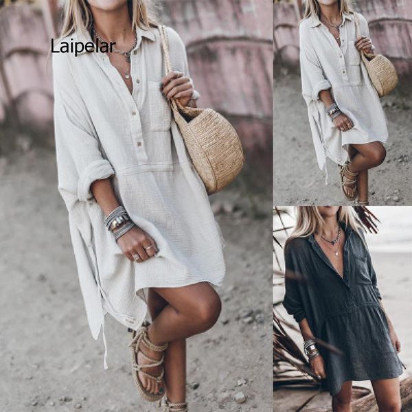 

women's shirt collar dress casual loose solid color large size cotton and linen mid-length dresses, Black;gray