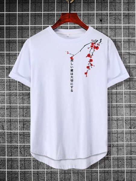 

men floral and japanese letter graphic high low hem tee s8py#, White;black