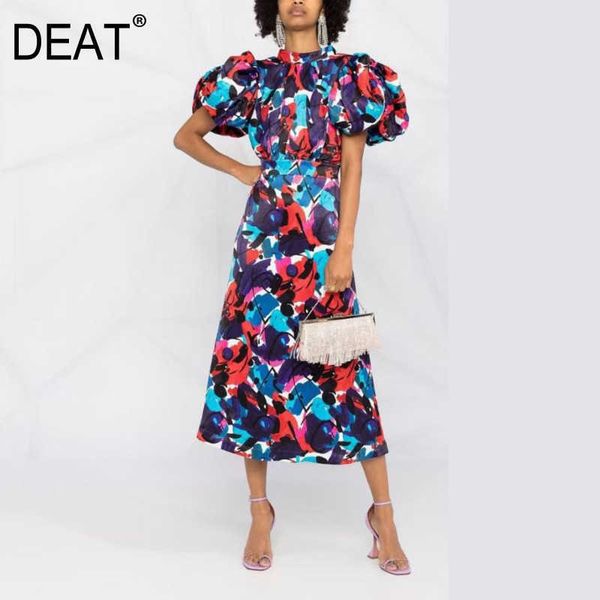 

[deat] summer fashion stand-up collar high waist puff sleeve knee-length printing loose elegant dress women 210527, Black;gray