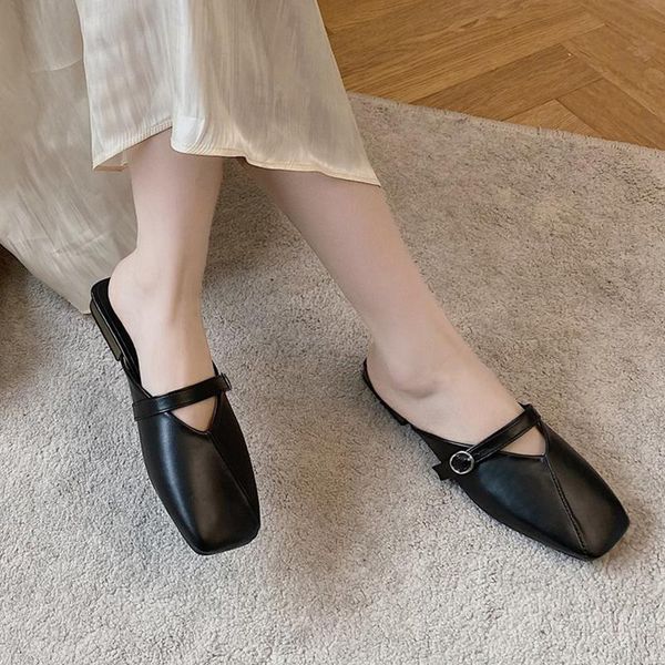 

slippers sandalias mules femme plates piel planos half slides women flat leather cozy loafers summer backless shoes calzado, Black