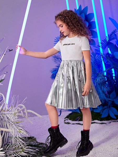 

girls slogan graphic metallic dress she, Red;yellow