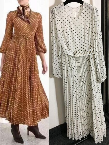 

casual dresses plus size xl 2021 autumn women dot printed long sleeve o neck puff fashion sashes big swing pleated, Black;gray