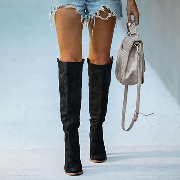 

boots fashion women shoes knee high western 2021 autumn suede chunky heel pointed toe ladies platform, Black