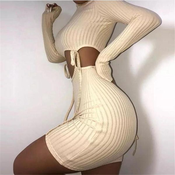 

casual dresses solid color female long sleeves slim fit hollow waist bodycon pencil dress women ribbed short mini vestido fall, Black;gray