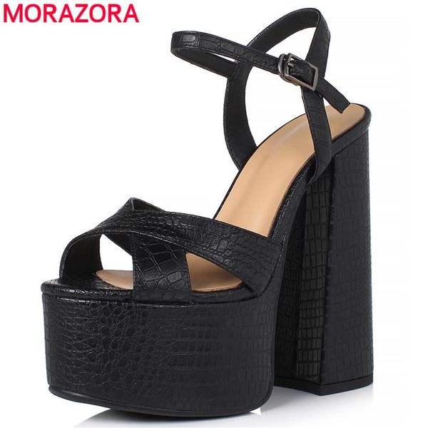 

dress shoes morazora 2021 genuine leather sandals women thick high heels platform summer ladies party wedding female, Black