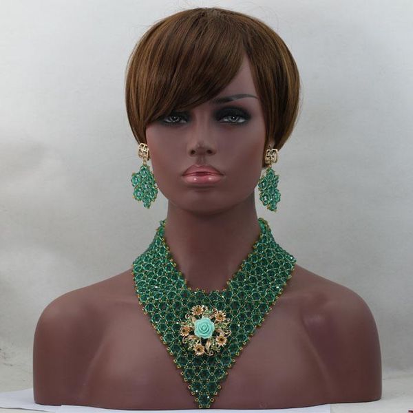

earrings & necklace green african crystal beads jewelry set party unique nigerian design hx194, Silver