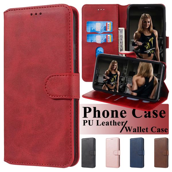 Casos de telefone da carteira para iPhone 14 13 12 11 Pro Max X Xr XS 7 8 Plus - Classic Pure Color PU PU Leather Flip Kickstand Case com slots de cartão