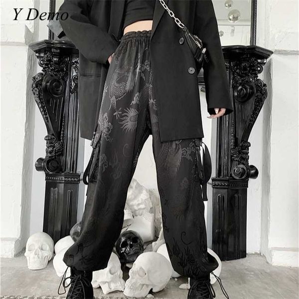 

harajuku dragon embroidery soft cargo pants women side pocket rock loose elastic waist trousers female 211115, Black;white