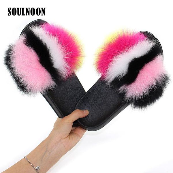 

real fur slippers women fluffy slides indoor plush ladies luxury flip flops outdoor female furry sandals shoes, Black
