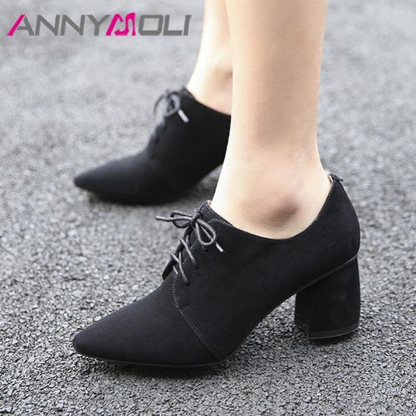 

dress shoes annymoli women pumps high heels kid suede square heel derby genuine leather pointed toe female black size 34-39