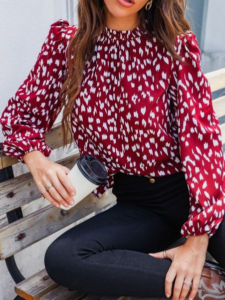 

allover print lantern sleeve keyhole back blouse d3yl#, White