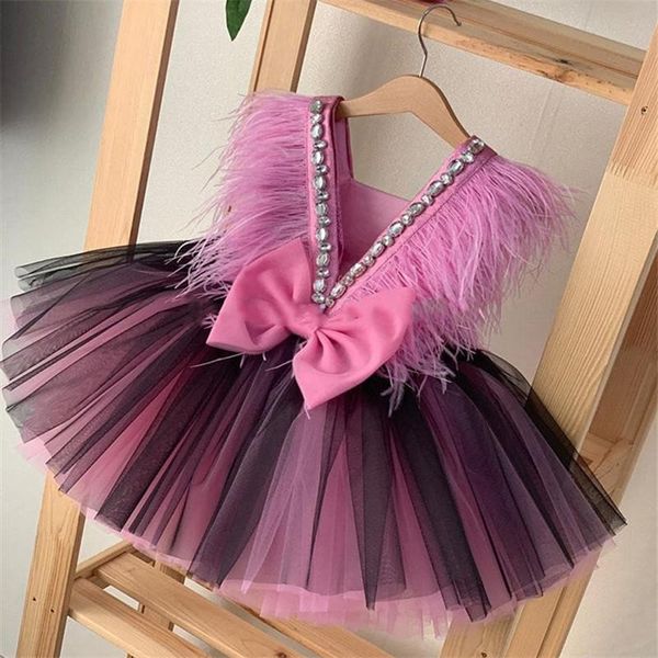 

knee length infant girl first birthday dress tulle feather princess puffy gown kids clothes ball 12m 24m girl's dresses, Red;yellow