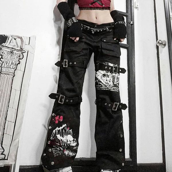 Ösenschnuckle Schwarzer Punk Goth Jean Fashion Woman Techwear Dark Academic Print E Girl Frachthose Low Taille Jeanshose Hose