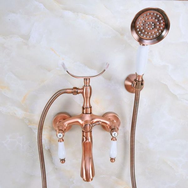 

antique red copper brass double ceramic handles wall mounted bathroom clawfoot bathtub tub faucet mixer tap w/hand shower ana363 sets