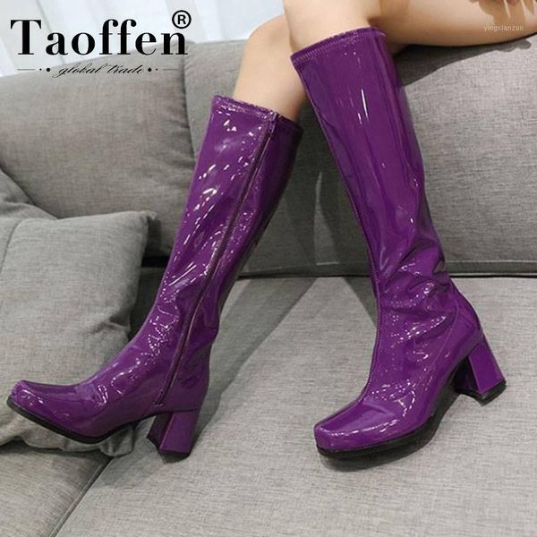 

boots taoffen women pu leather 2021 simple knee high zipper winter round toe chunky heels long club botas size 35-391, Black