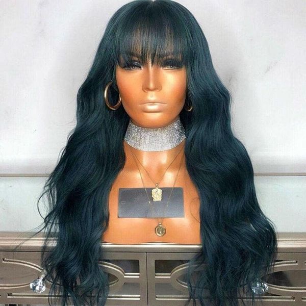 

lace front wig human hair pre plucked green color cuticle aligend virgin raw wigs 180% density with bangs1, Black;brown