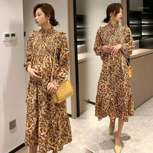 

spring korean fashion chic maternity party long dress floral printed a line loose clothes for pregnant women pregnancy1, White