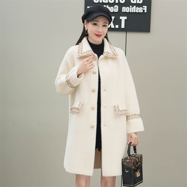 

faux mink cashmere fashion small fragrance wind sweater coat women loose mid-length knitted cardigan button female 210427, White;black