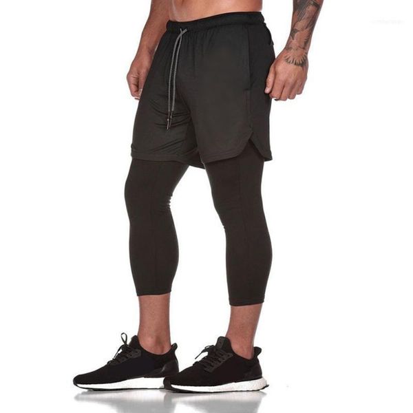 

men's shorts sports pants mesh double-layer fitness trousers fake two-piece gym casual w21, White;black