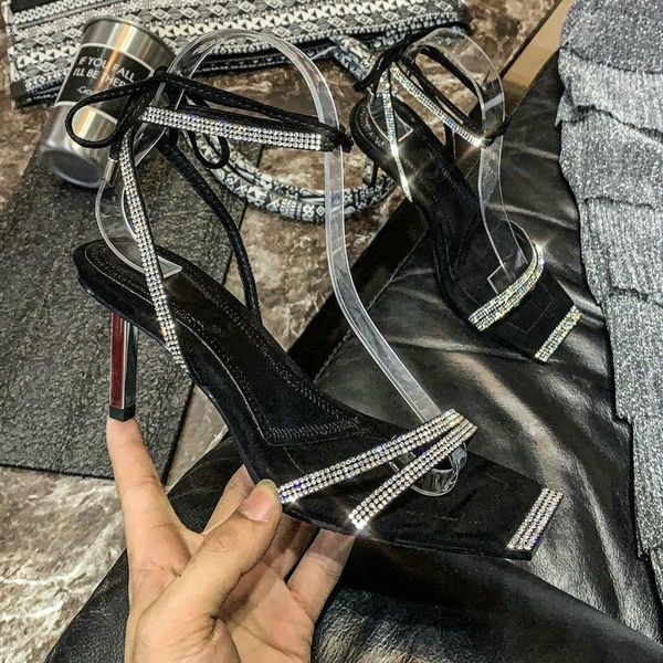

metal heels sandals shoes woman silver rhinestone night club high party summer height, Black