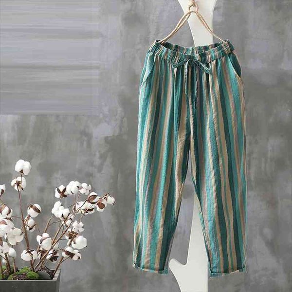 

summer fashion women pants plus size loose casual elastic waist striped harem pants vintage cotton linen ankle-length d125, Black;white