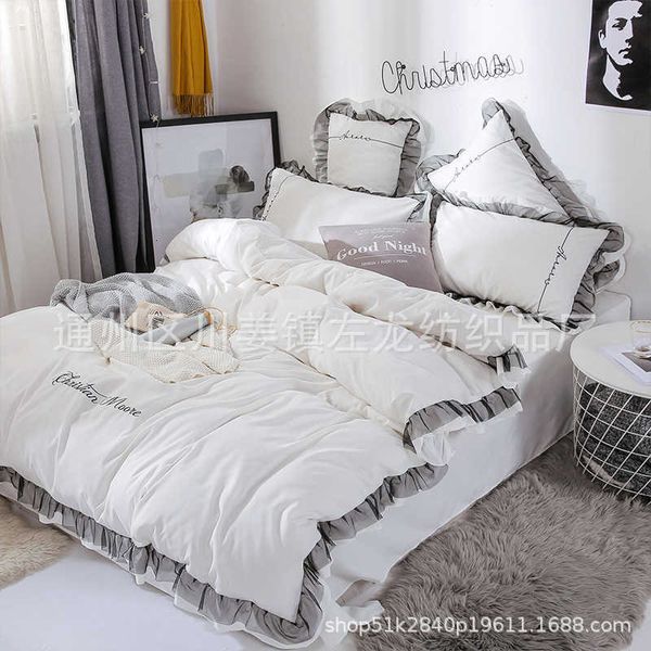 

princs style lace four piece set of solid color matte embroidery quilt cover sheet spring bedding