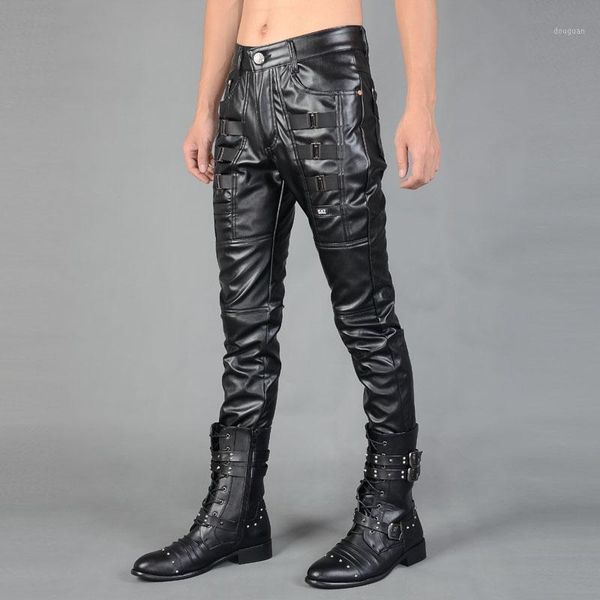 

men's pants fashion autumn winter trend full leather black korean slim hairdresser trousers