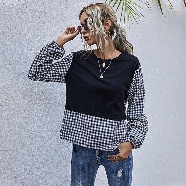 

women's blouses & shirts grid print loose long sleeve blouse women autumn patchwork workwear office lady elegant plaid o neck 2021, White