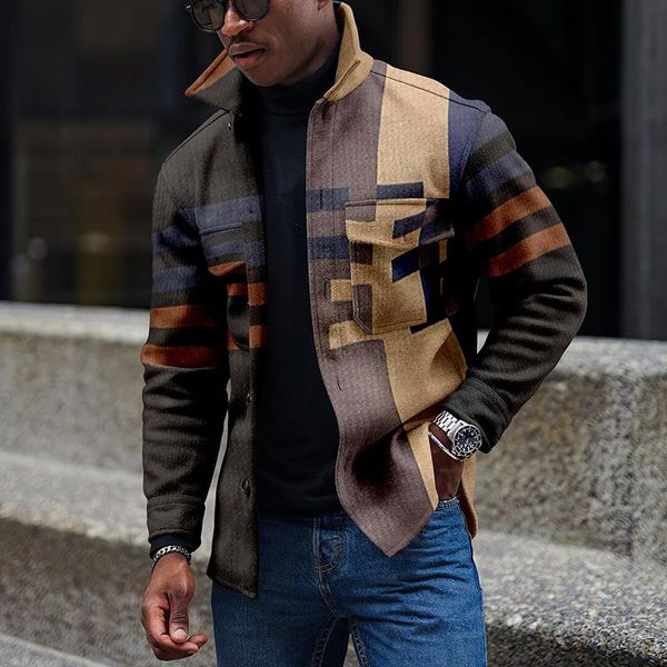 

men's jackets autumn winter fashion men harajuku striped patchwork coats for mens casual turn-down collar buttoned-up outerwear2022, Black;brown