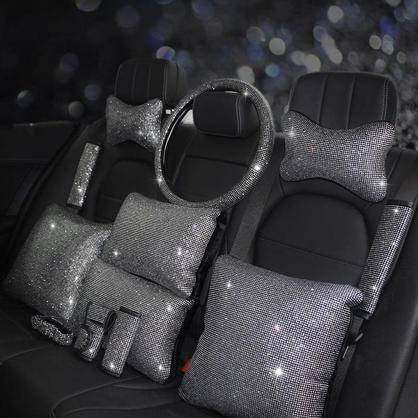 

seat cushions fashion rhinestone crystal car headrest neck pillows diamond belt cover pad waist support auto interior accessories set