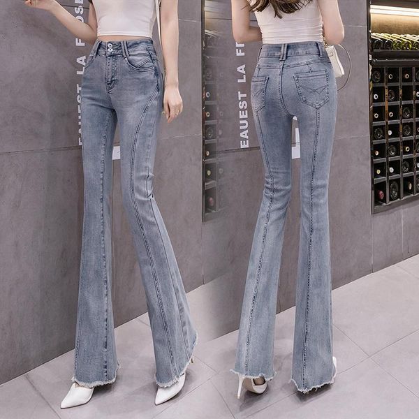 

women's jeans vintage high waist elastic two button skinny flare pants fashion side stripe stretchy tassels casual mom long, Blue