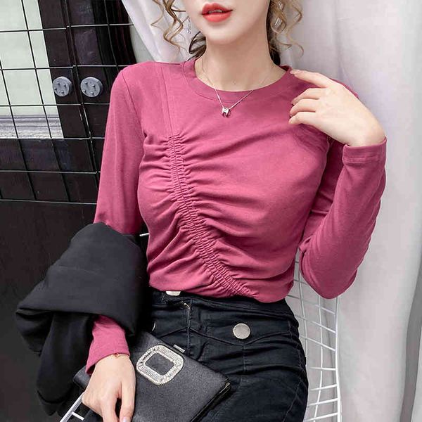 

women's sweaters korean-style shirt, t-shirts with folds, cotton, long sleeve, round collar, women's t-shirts, spring and autumn z, White;black