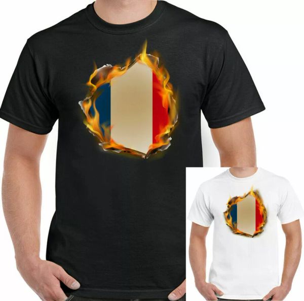 

french t-shirt france rugby football flag flames mens tricolor, White;black