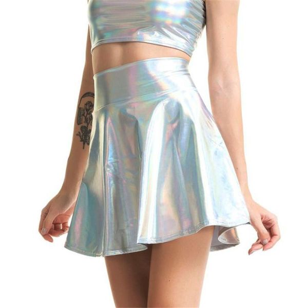 

skirts 2021 summer laser hight waist mini leather club party silver holographic harajuku casual pleated skirt, Black