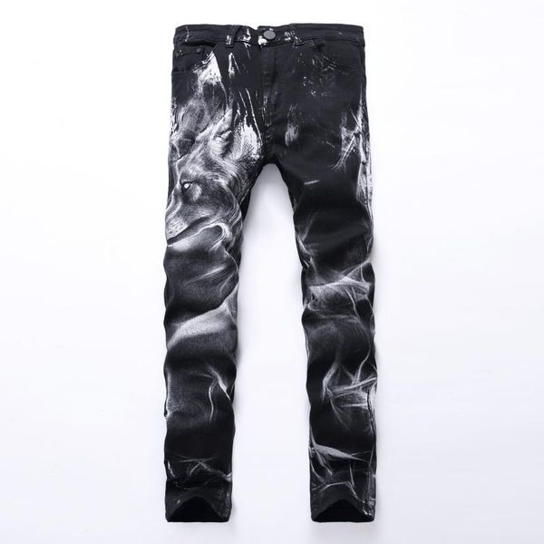 

men's wolf head printed pattern black pants jeans, Blue