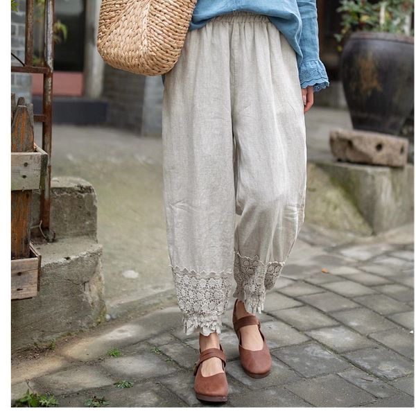 

women's shorts lamtrip unique lace patchwork wide leg pants cotton linen trousers female 2021 summer mh87, White;black
