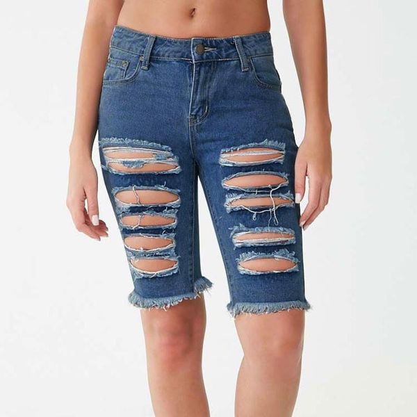 

women's jeans women skinny denim shorts capris summer 's pants manual high waist cowboy clothes hole streetwear trousers, Blue