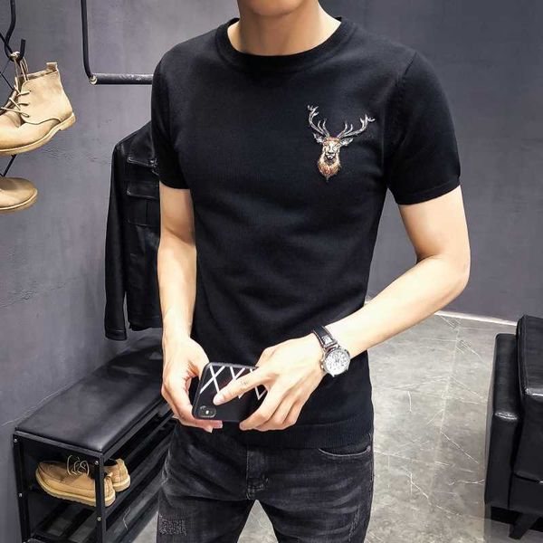 

w1223 men's korean sweater round neck short sleeve t-shirt summer tight casual fashion sweater half sleeve embroidery backing, White;black
