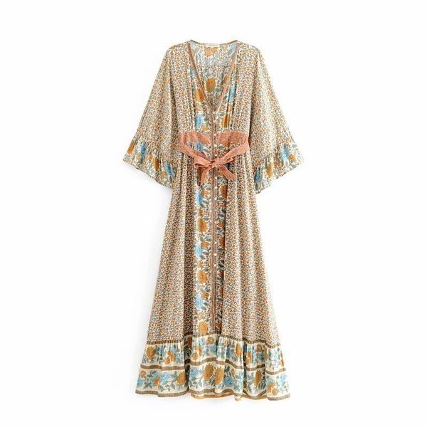 

fashion beach style retro printing v neck lace up long kimono jacket women shirts 210615, White