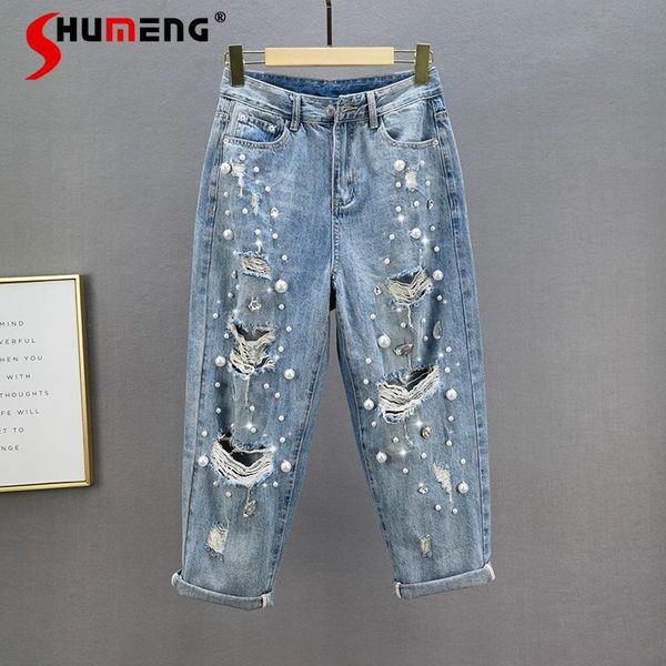 

women's jeans light blue beads rhinestones loose hole ankle-length 2021 summer high waist harem pants for female