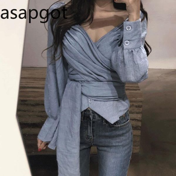 

women's blouses & shirts blouse women elegant korean spring pleated v neck solid slim bandage sashes lace up long sleeve armygreen blue, White