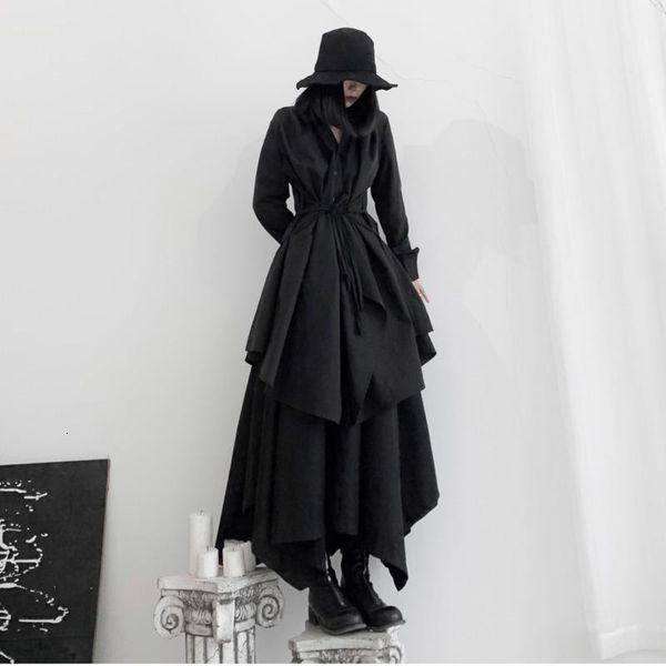 

casual dresses fashion tide autumn and winter retro lapel solid color loose irregular thin straps waist long-sleeved shirt dress 19b-a279, Black;gray