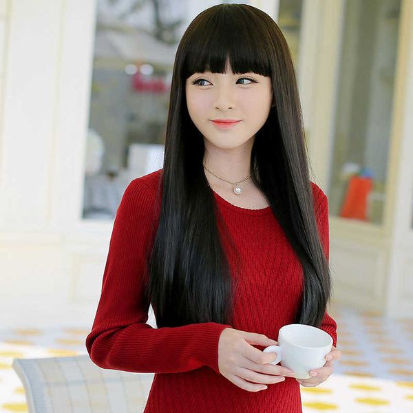 

mengfei korean wig women's straight fashion long hair with bangs, Black