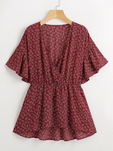 

plus ditsy floral wrap smock blouse 74oi#, Black