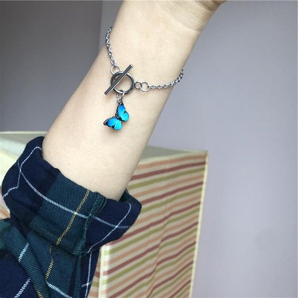 

blue purple butterfly bracelet silver stainless steel ot toggle for teen girls women y2k jewelry cute harajuku style charm bracelets, Golden;silver