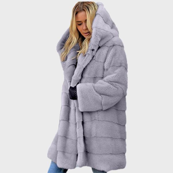 

women's fur & faux winter outwear women warm long sleeve coat with big hooded luxury jacket loose overcoat, Black