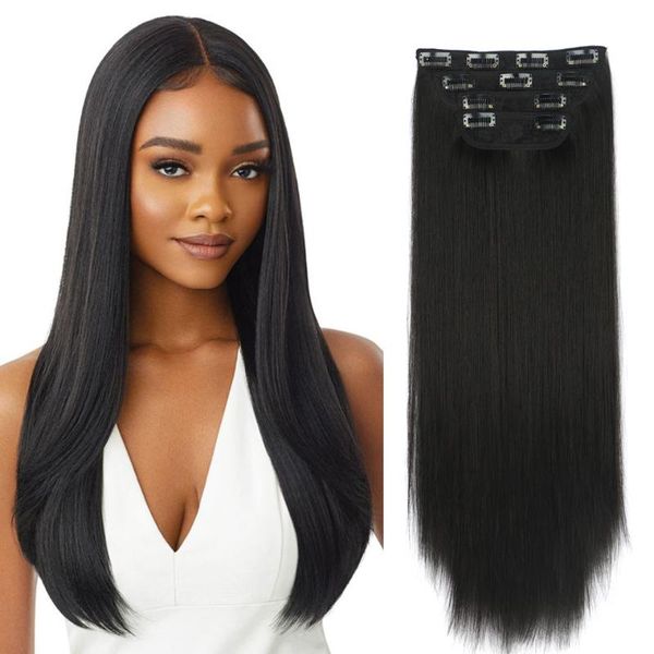 

synthetic wigs vigorous 4pcs/set 20" hairpiece long straight hair clips in high temperature fiber black brown