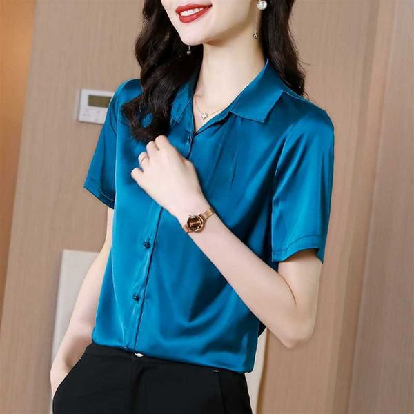 Летняя корейская мода шифон женщина рубашки сатин офис леди с коротким рукавом застегнутая рубашка плюс размер XXL зеленые дамы топы блузка 210531