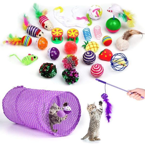 

cat toys 25pcs variety pack tunnel with ball teaser wand interactive feather plastic artificial colorful pet toy